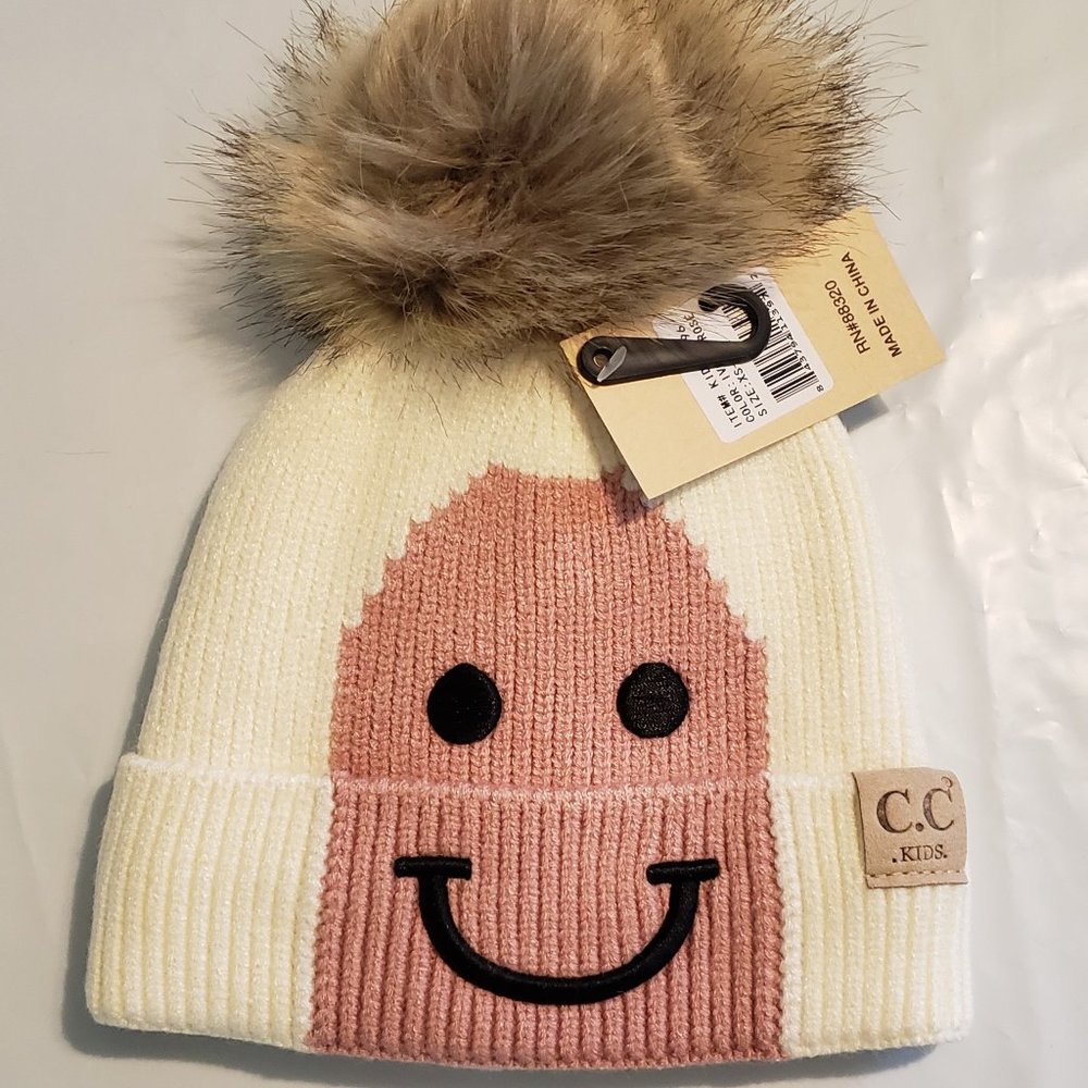 Ivory Smiley Beanie w/ Pom